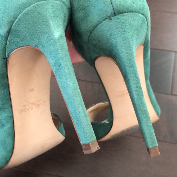 Zara Suede Green Peep Toe Heels - Picture 4 of 8